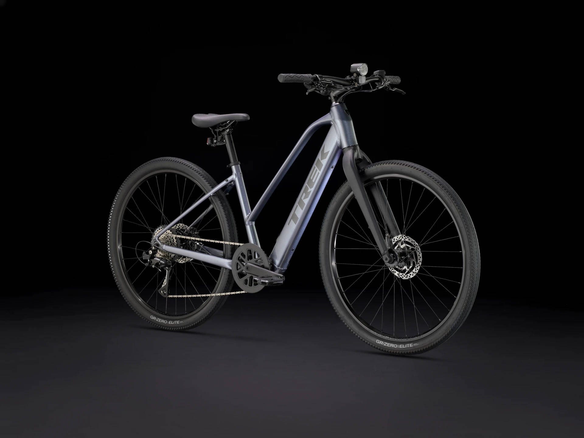 2025 Trek Dual Sport+ 2 Mid-Step LT Hub Motor Electric Bike In Galactic Grey Angled Front View