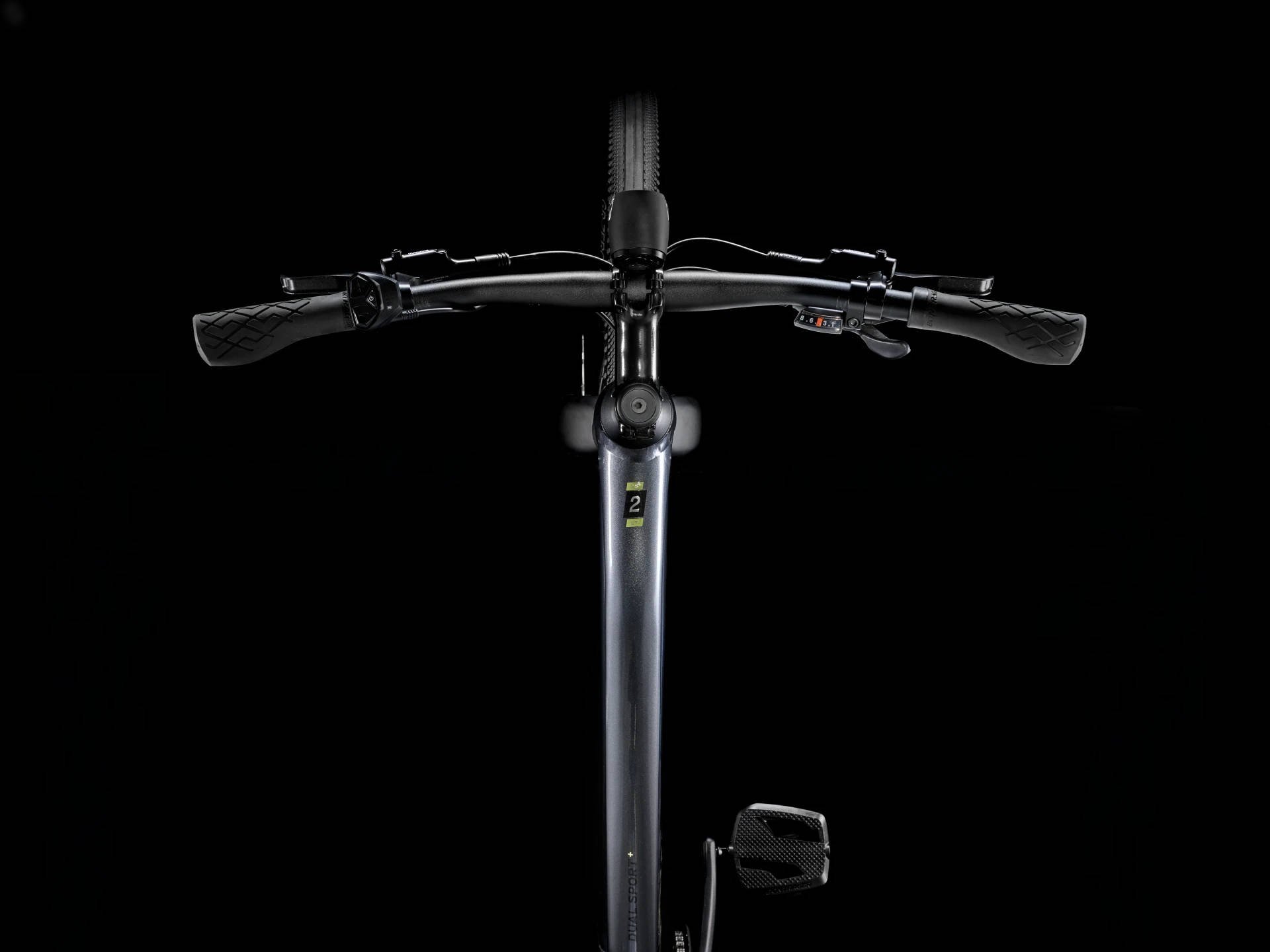 2025 Trek Dual Sport+ 2 Mid-Step LT Hub Motor Electric Bike In Galactic Grey Cockpit