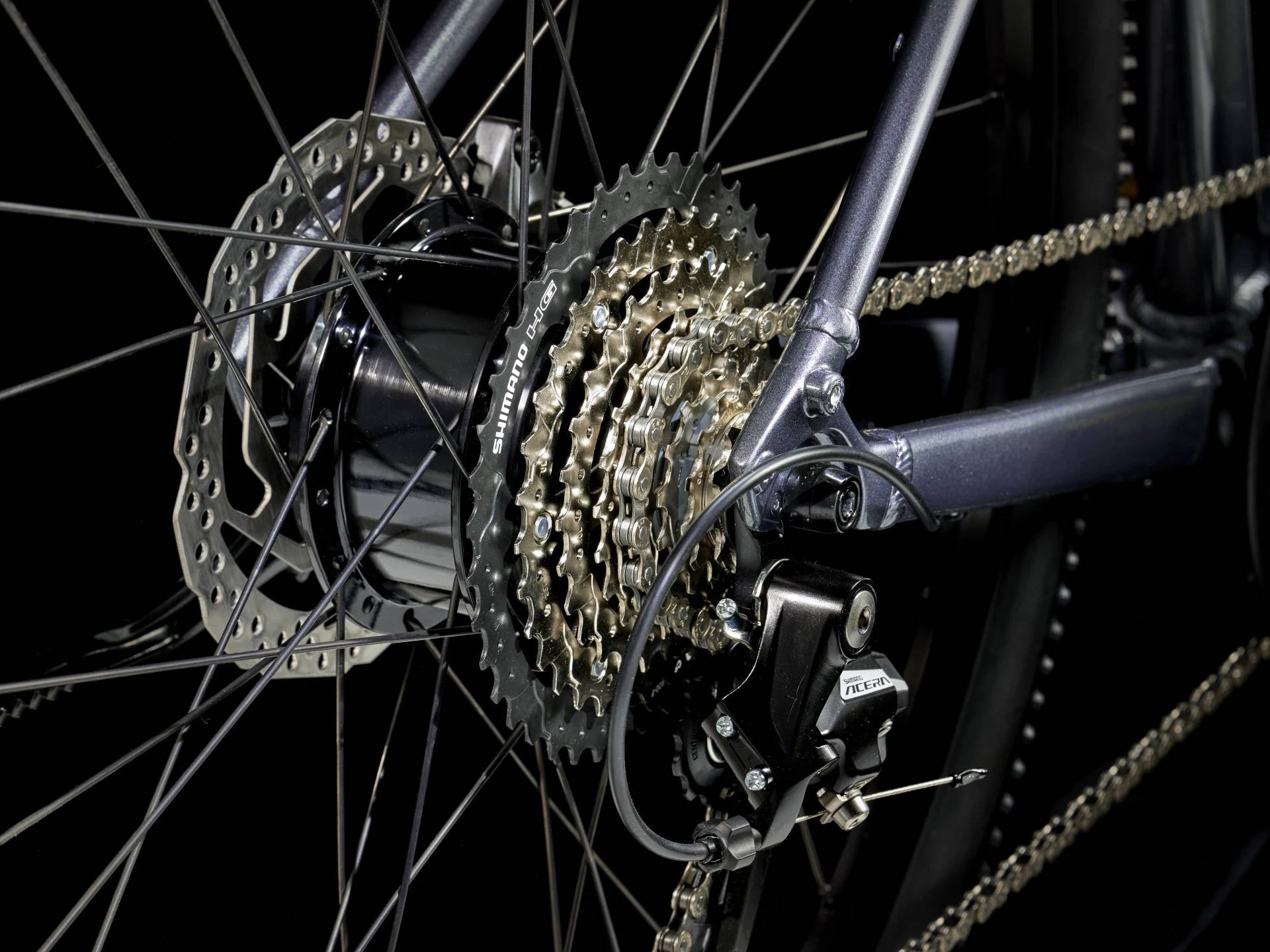 2025 Trek Dual Sport+ 2 Mid-Step LT Hub Motor Electric Bike In Galactic Grey Rear Hub and Cassette