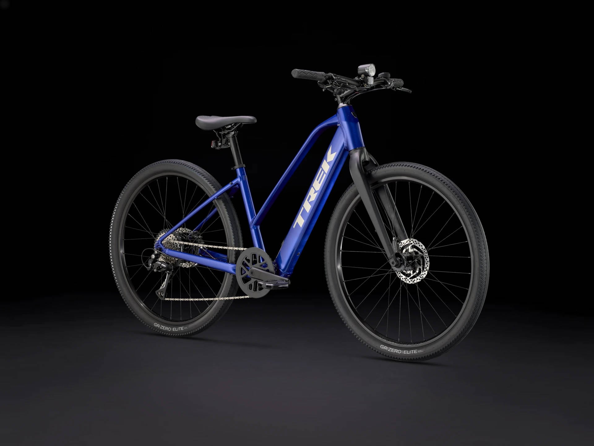 2025 Trek Dual Sport+ 2 Mid-Step LT Hub Motor Electric Bike In Hex Blue Angled Front View