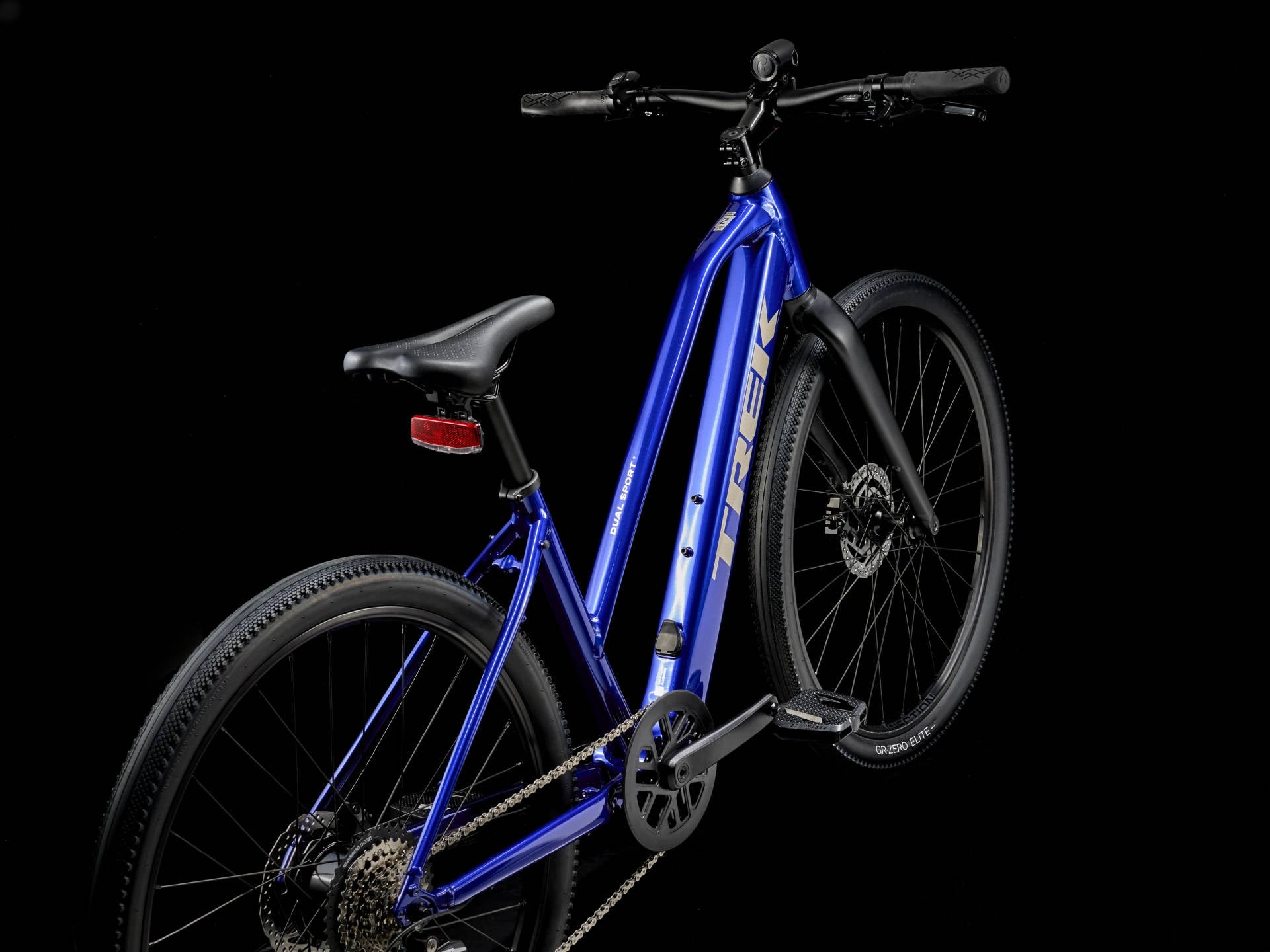 2025 Trek Dual Sport+ 2 Mid-Step LT Hub Motor Electric Bike In Hex Blue Angled Rear View