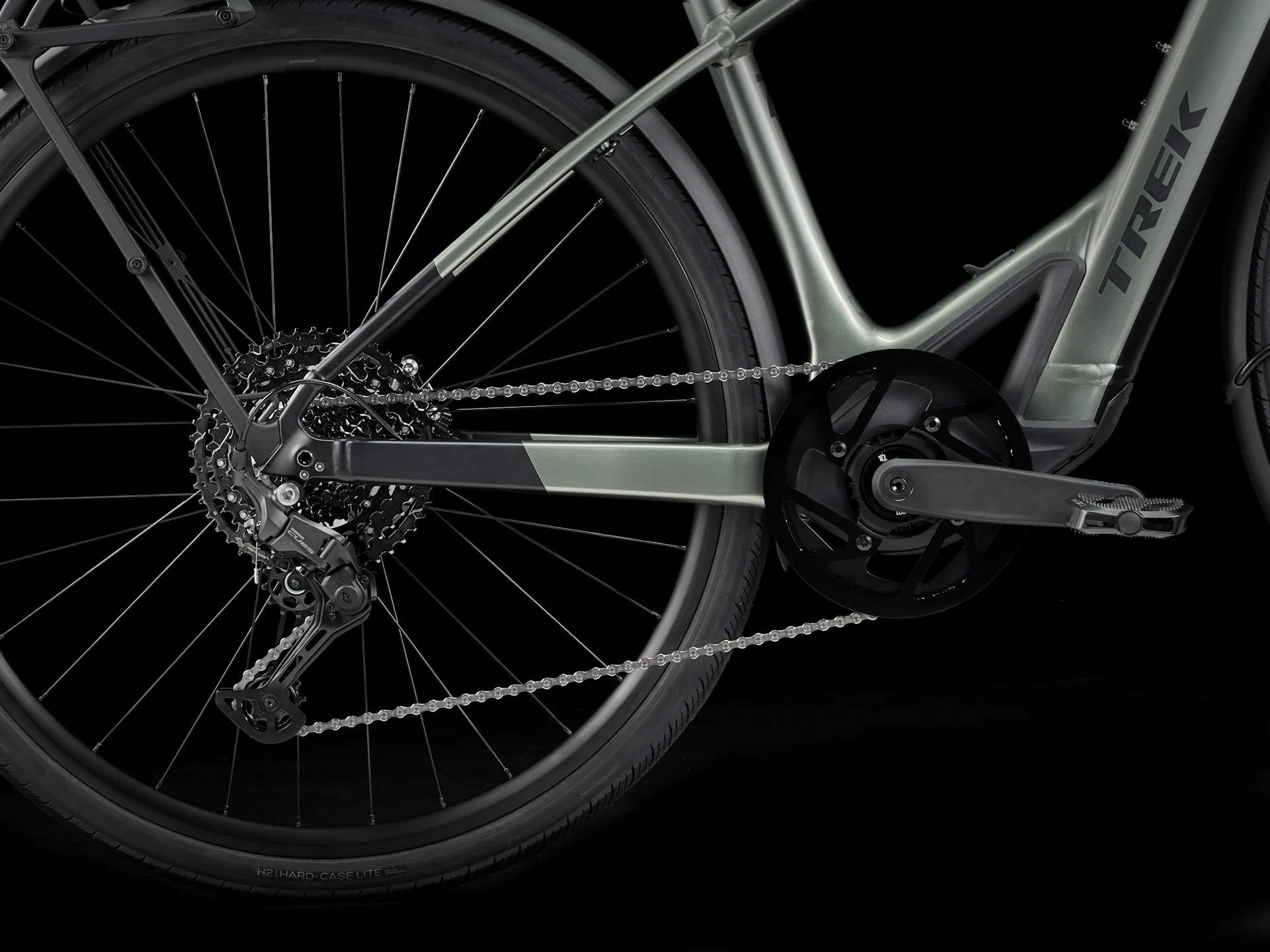 2025 Trek FX+ 7 Electric Bike In Lichen Green Gloss Drivetrain