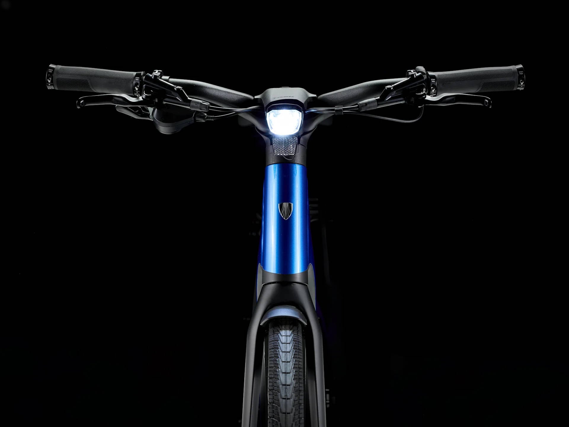 2025 Trek FX+ 7 Mid-step Electric Bike In Alpine Blue Gloss Handlebar and Headlight