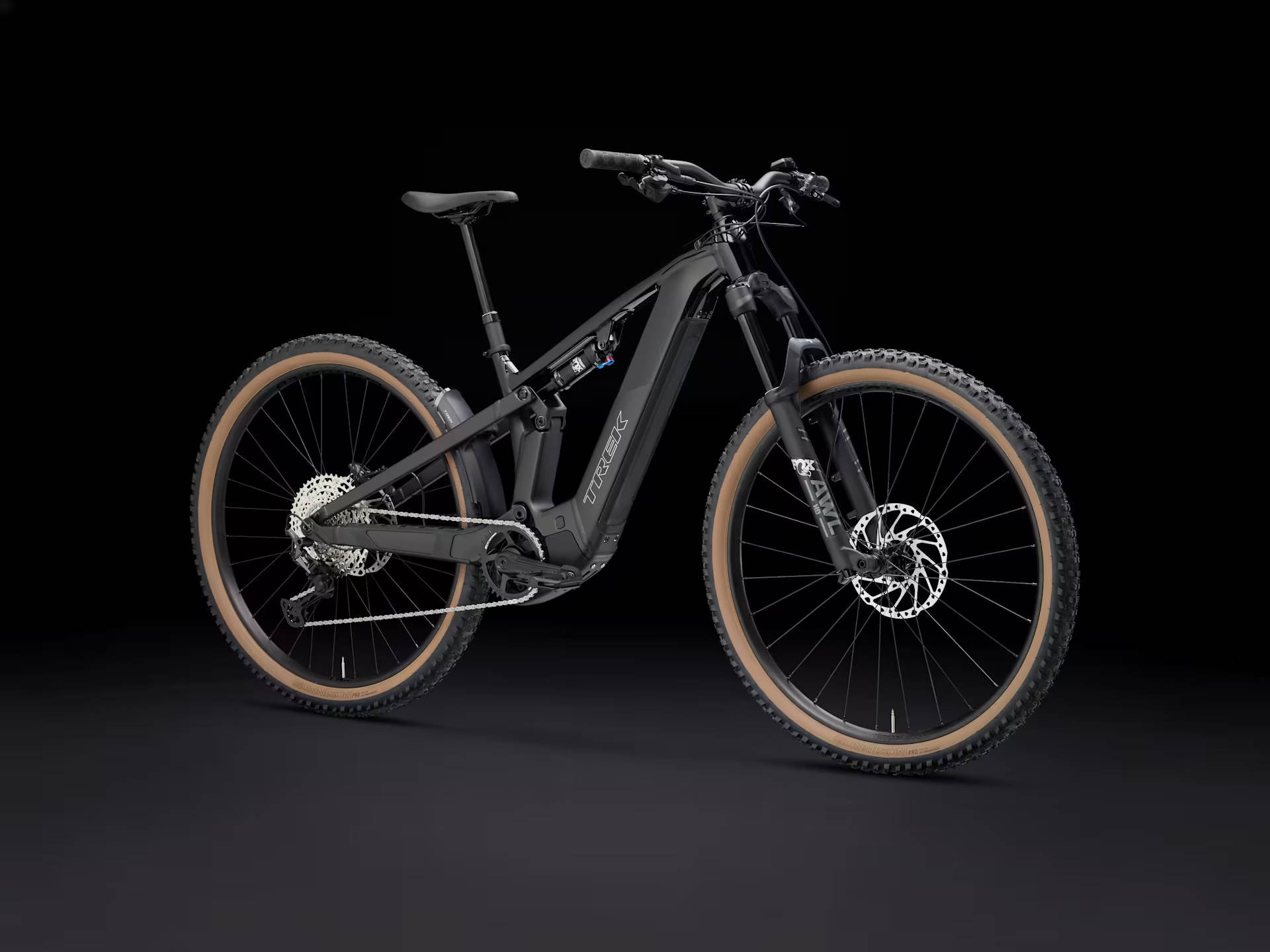 2025 Trek Powerfly FS+ 6 Gen 4 800Wh Electric Full Suspension MTB In Gloss Dark Star & Matte Dark Web Angled Front View