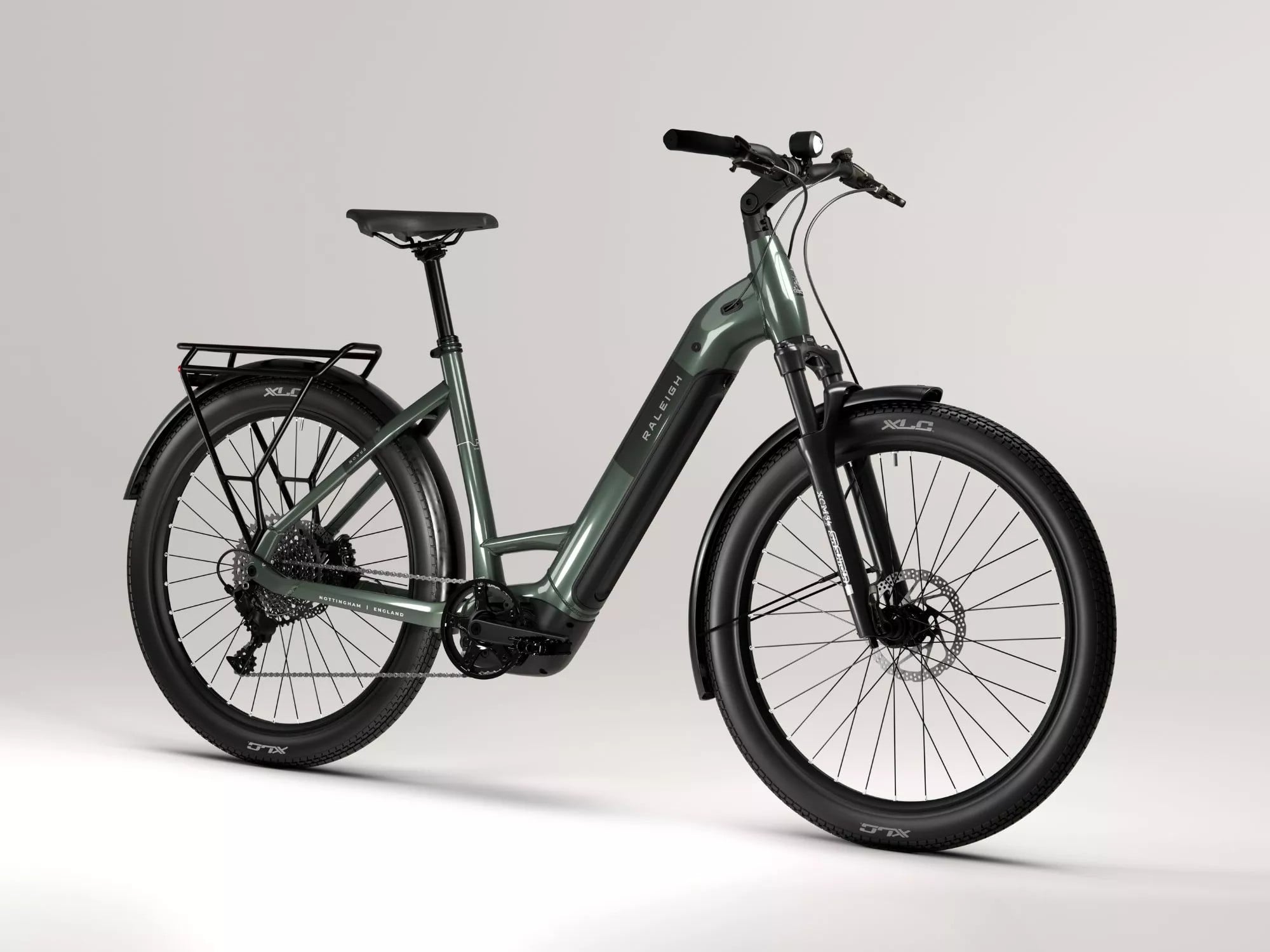 2026 Raleigh Novus Plus Electric Bike, Low Step Frame With Derailleur Gears In Olive Gloss