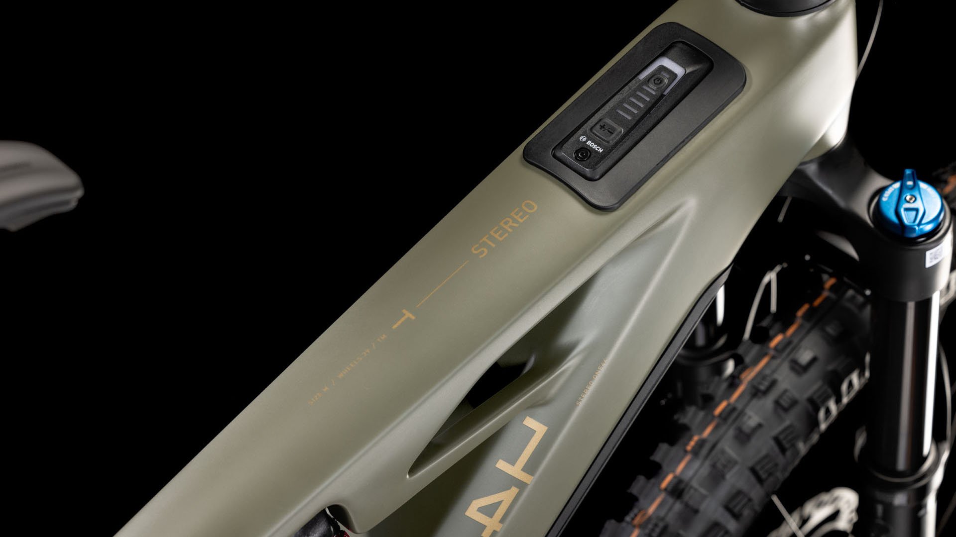 2025 Cube Stereo Hybrid ONE44 HPC TM Electric Full Suspension Mountain Bike In Dusty Olive & Gold