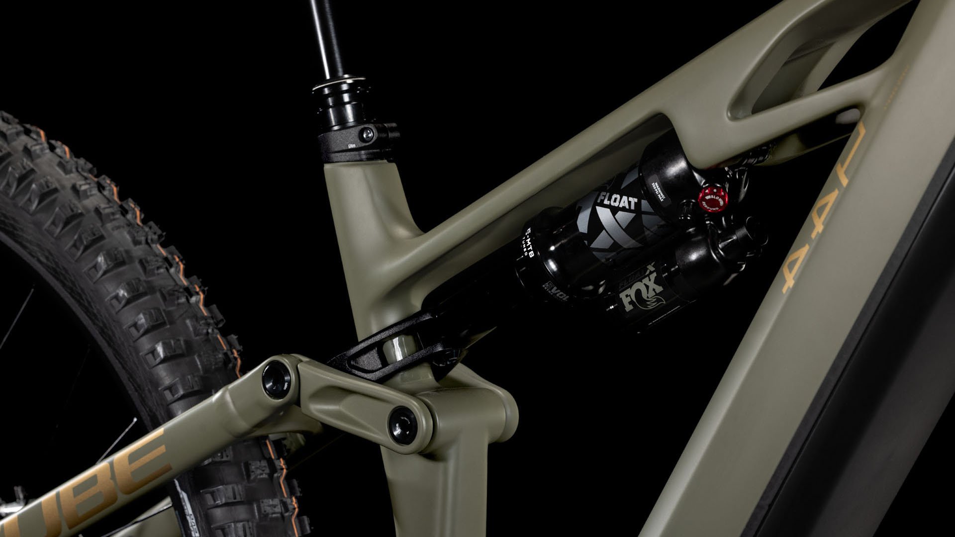 2025 Cube Stereo Hybrid ONE44 HPC TM Electric Full Suspension Mountain Bike In Dusty Olive & Gold