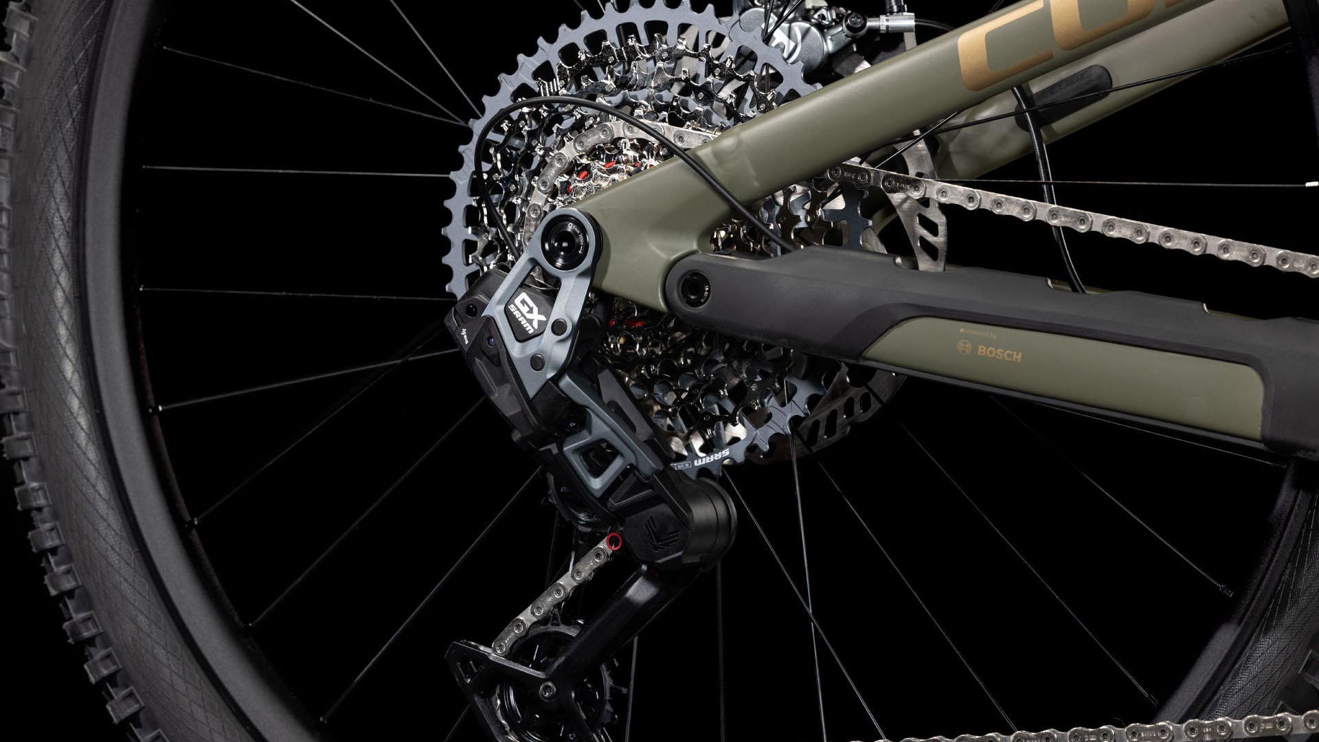 2025 Cube Stereo Hybrid ONE44 HPC TM Electric Full Suspension Mountain Bike In Dusty Olive & Gold