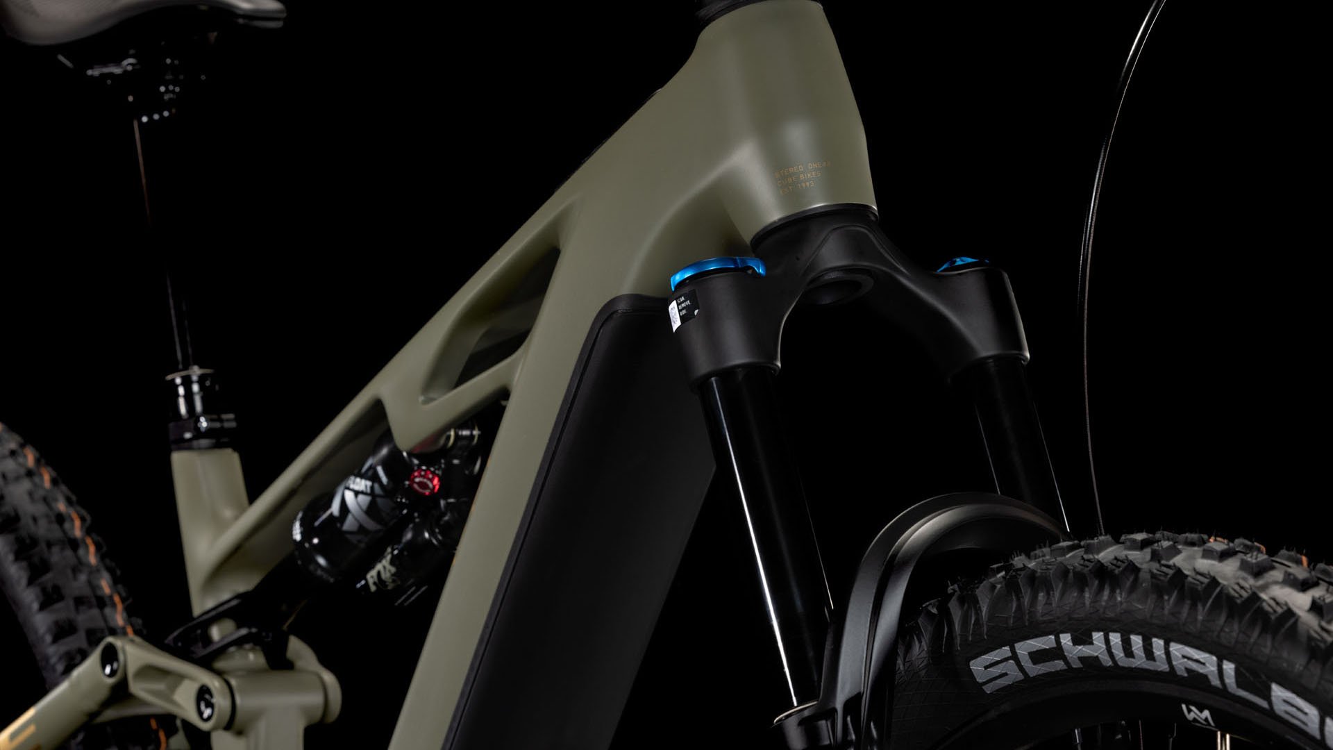 2025 Cube Stereo Hybrid ONE44 HPC TM Electric Full Suspension Mountain Bike In Dusty Olive & Gold