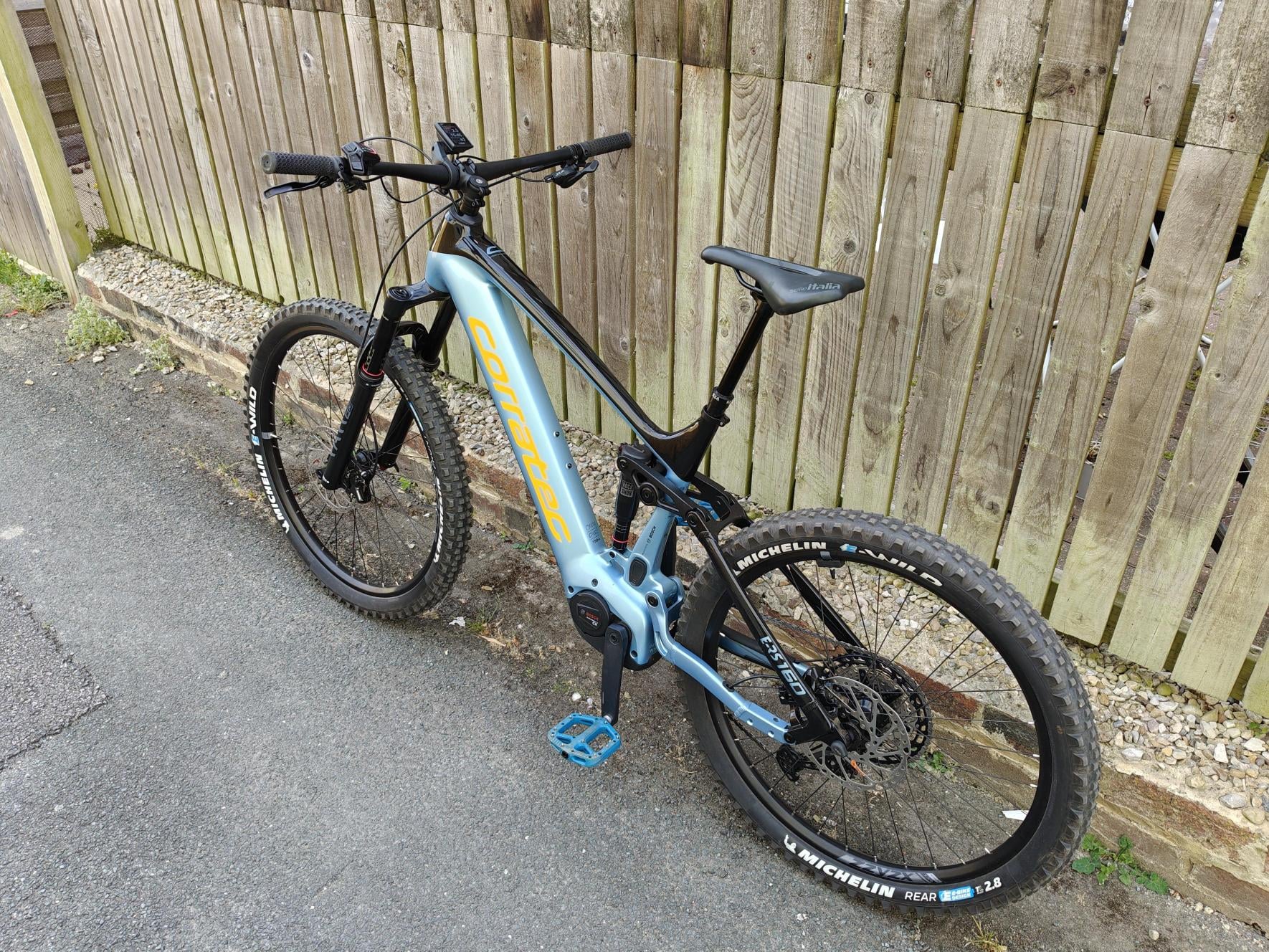 Ex-Demo Corratec E-Power RS 160 Pro Team Electric Full Suspension Mountain Bike In Pearlized Black & Blue