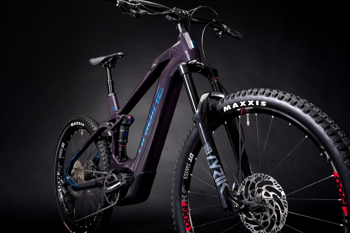 Haibike Allmtn CF 11 750Wh Electric Mountain Bike in Purple Angled Front View Close Up