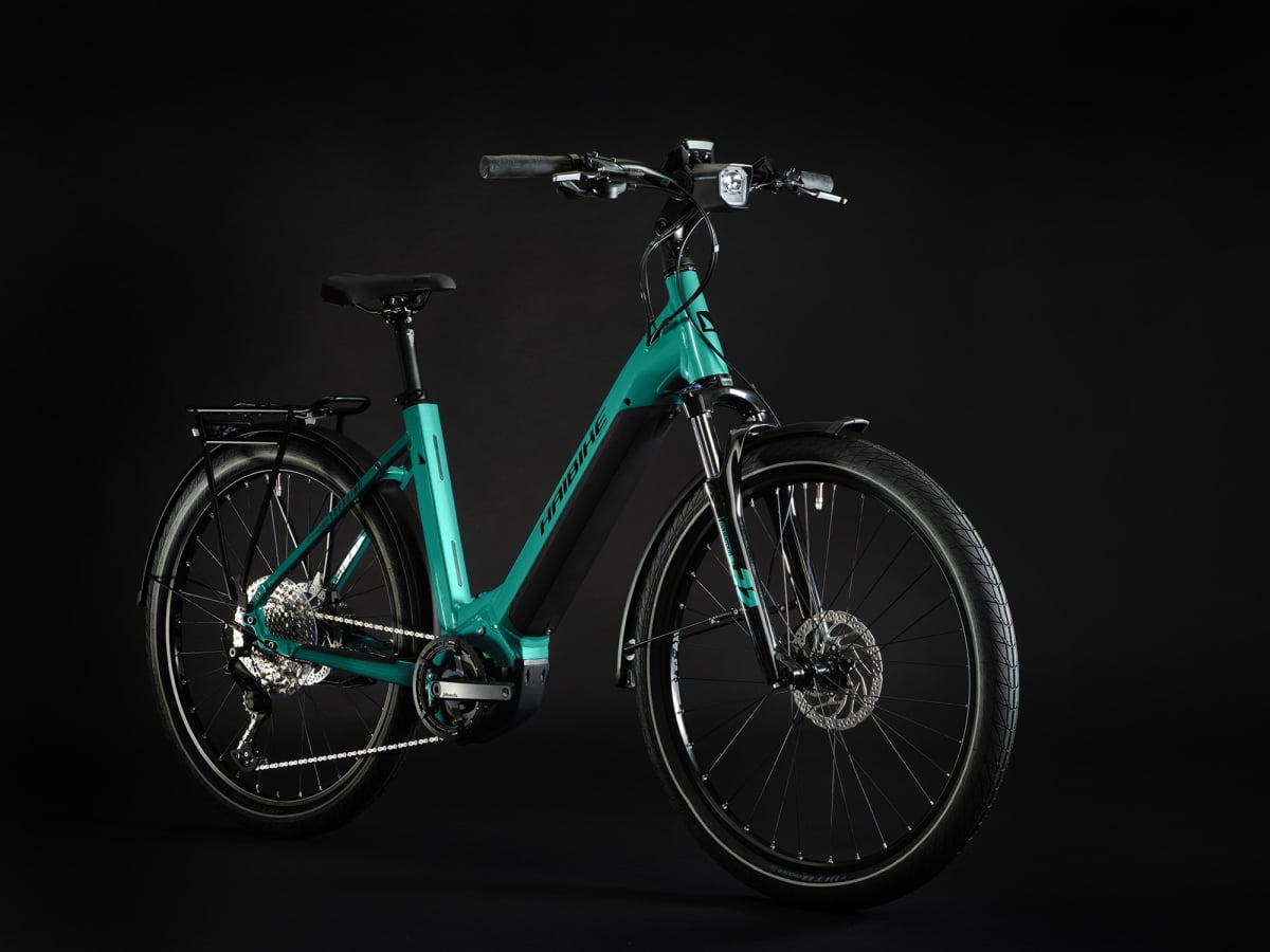 Haibike Trekking 7 630Wh Lowstep Electric Bike In Aqua Angled Front View