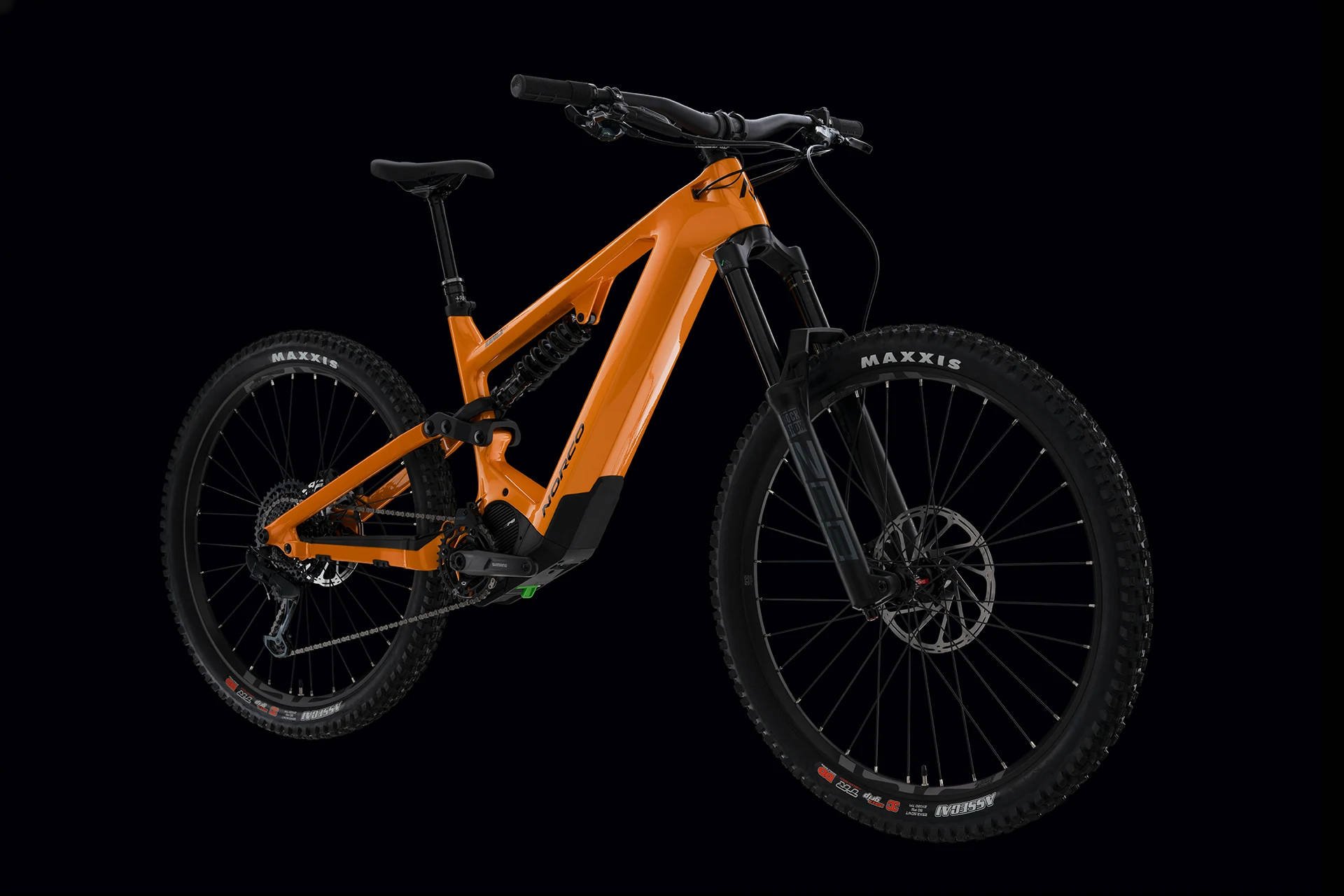Norco Range VLT C2 Electric Full Suspension Mountain Bike in Orange Black Angled Front View