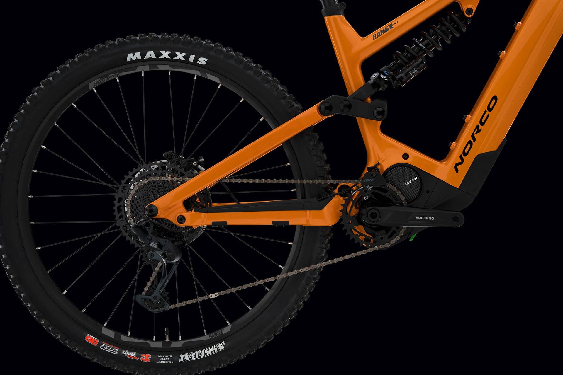 Norco Range VLT C2 Electric Full Suspension Mountain Bike in Orange Black Drivetrain