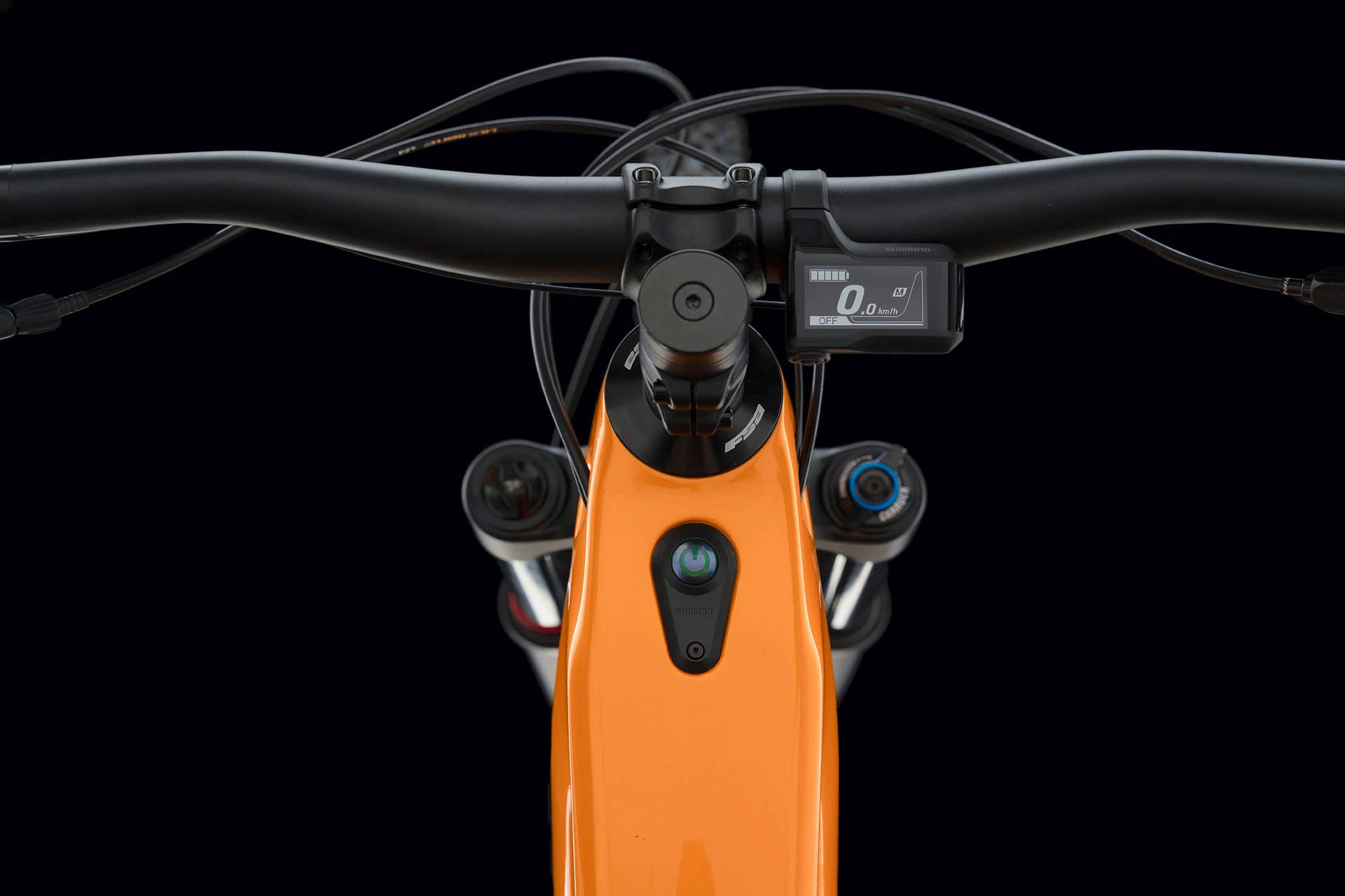 Norco Range VLT C2 Electric Full Suspension Mountain Bike in Orange Black Headset and Display
