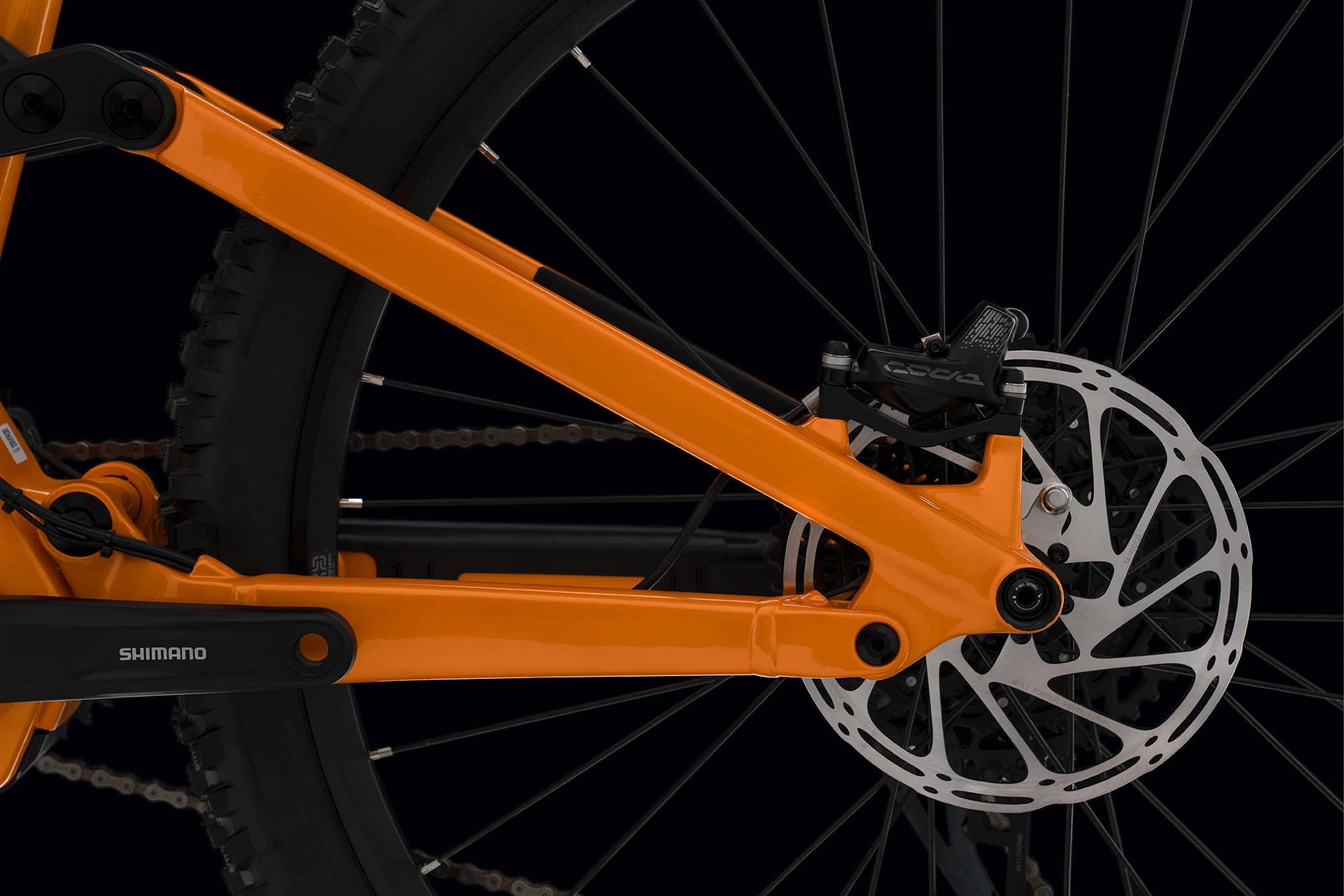 Norco Range VLT C2 Electric Full Suspension Mountain Bike in Orange Black Rear Brake