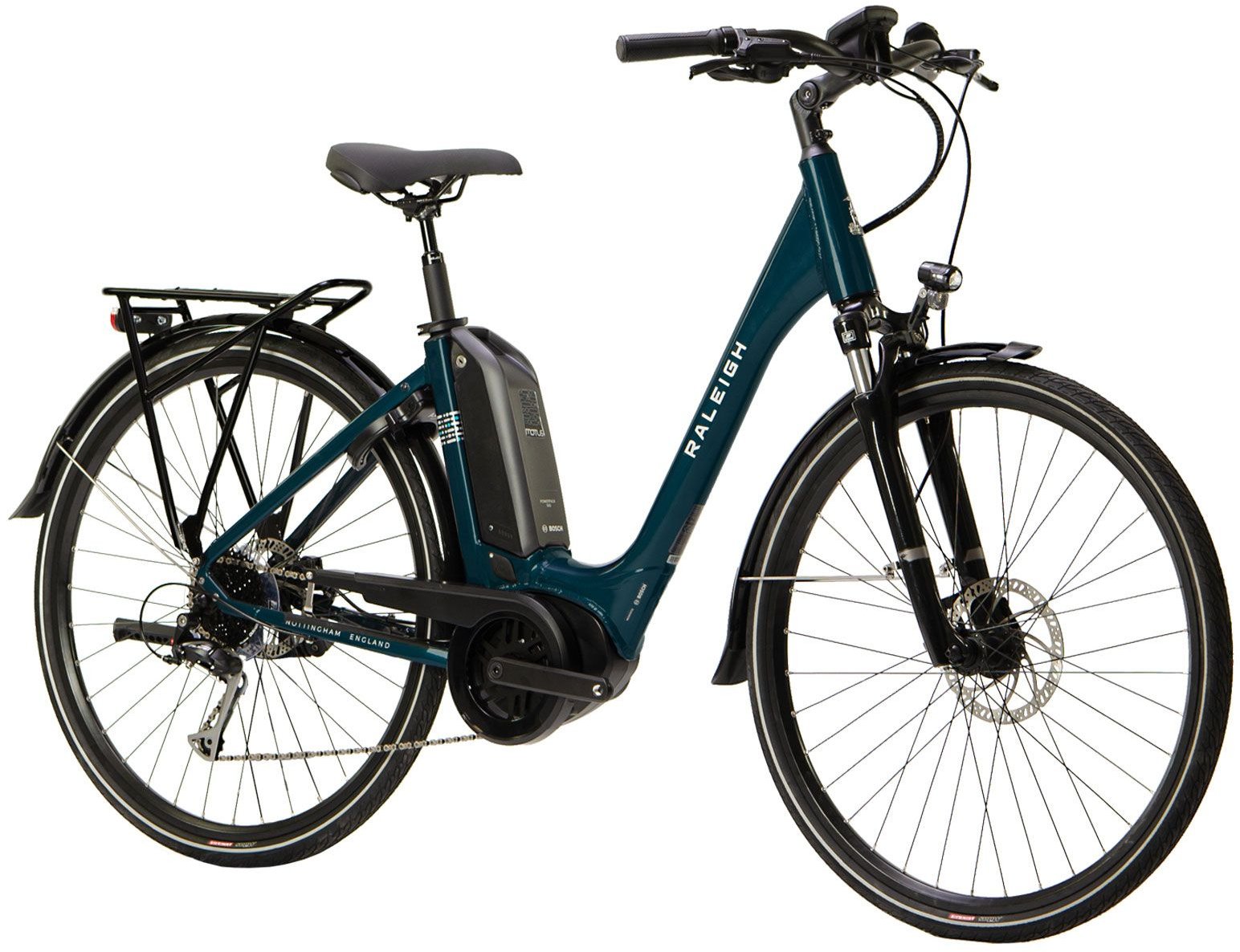 Raleigh Motus Grand Tour Step-Through Derailleur Electric Bike In Blue Angled Front View