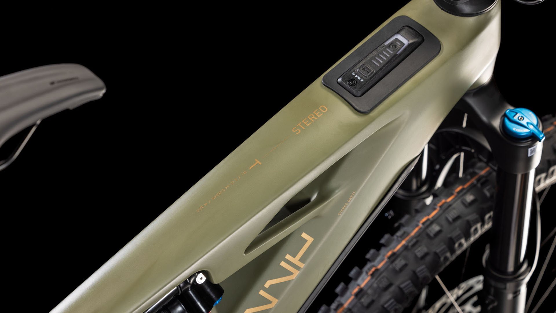 2025 Stereo Hybrid ONE77 HPC TM Electric Full Suspension Mountain Bike In Dusty Olive & Gold