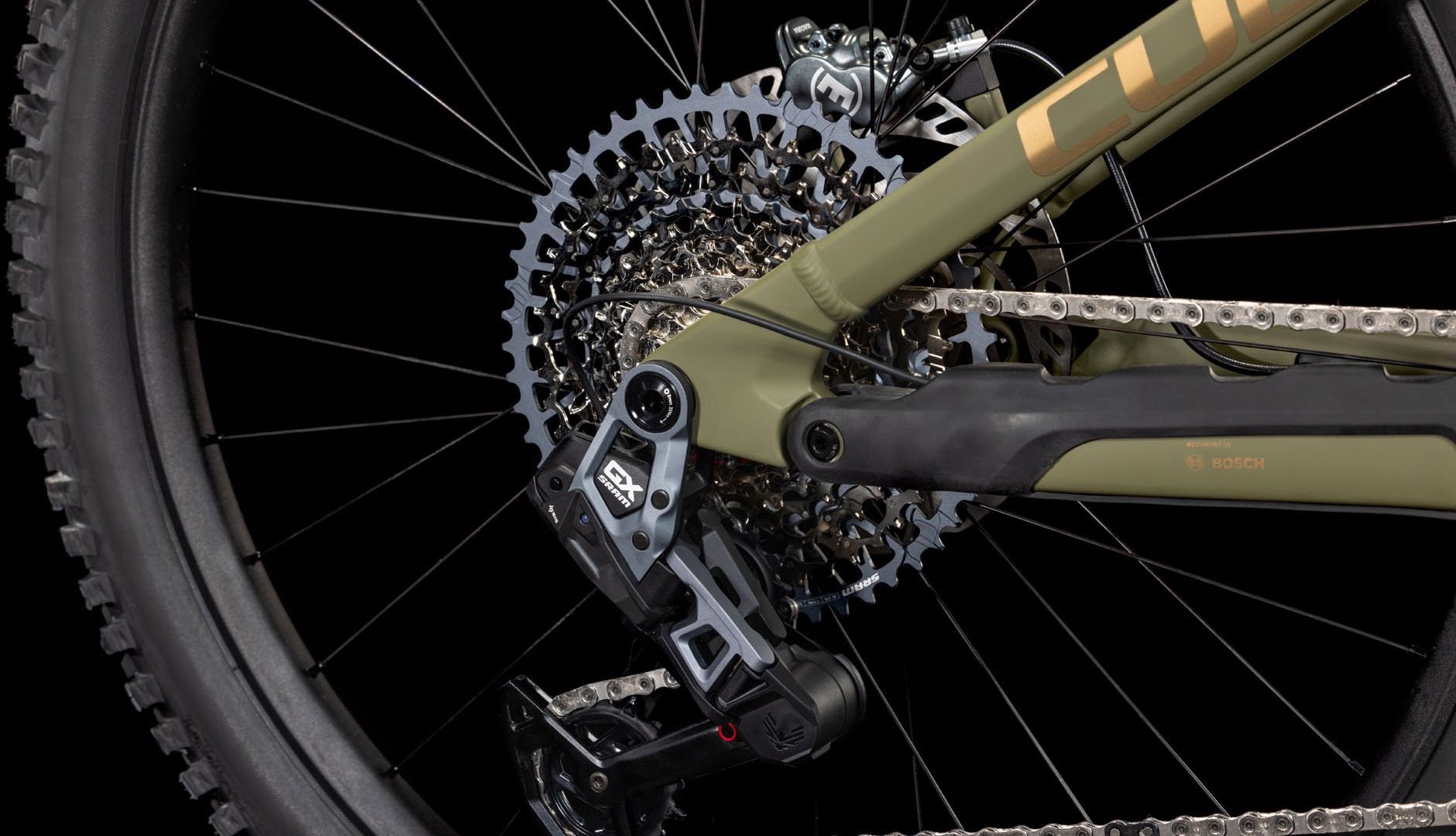 2025 Stereo Hybrid ONE77 HPC TM Electric Full Suspension Mountain Bike In Dusty Olive & Gold