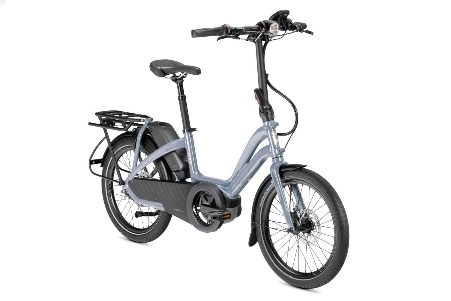 Tern NBD P8i Active Line 20 Electric Hub Gear Cargo Bike In Silver Blue Angled Front View