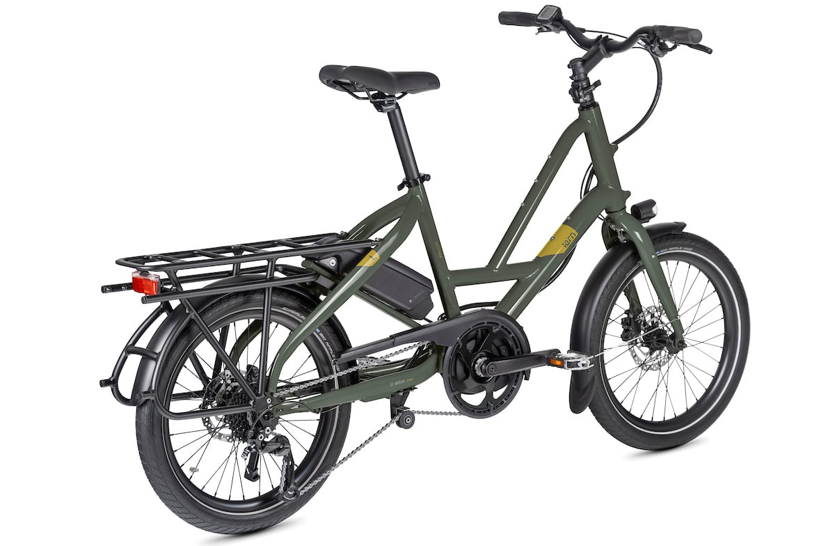 Tern Quick Haul P9 Performance Electric Cargo Bike In Gloss Olive Angled Rear View