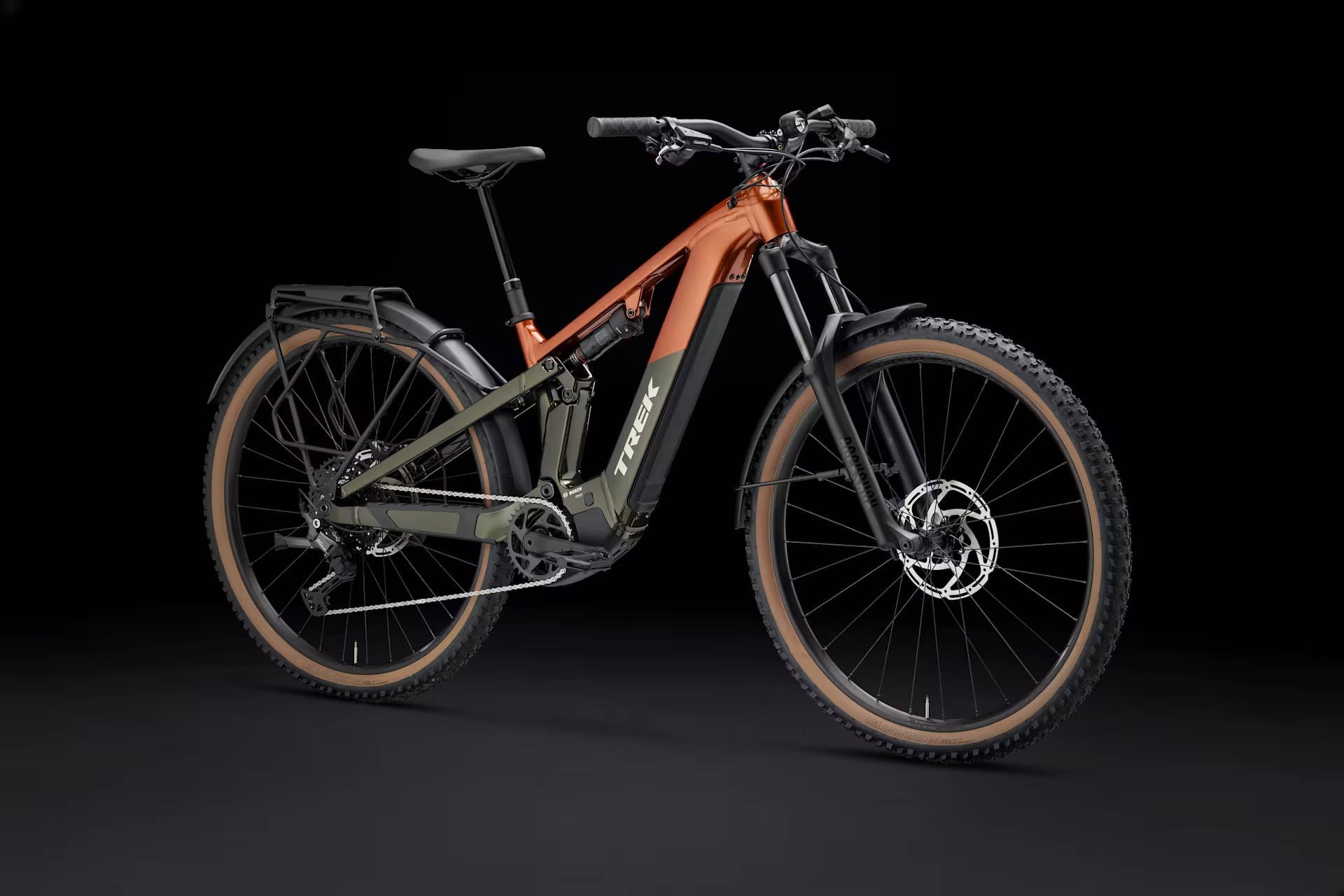 Trek Powerfly FS+ 4 Equipped Gen 4 600Wh Electric Full Suspension MTB In Pennyflake Black Olive Angled Front View