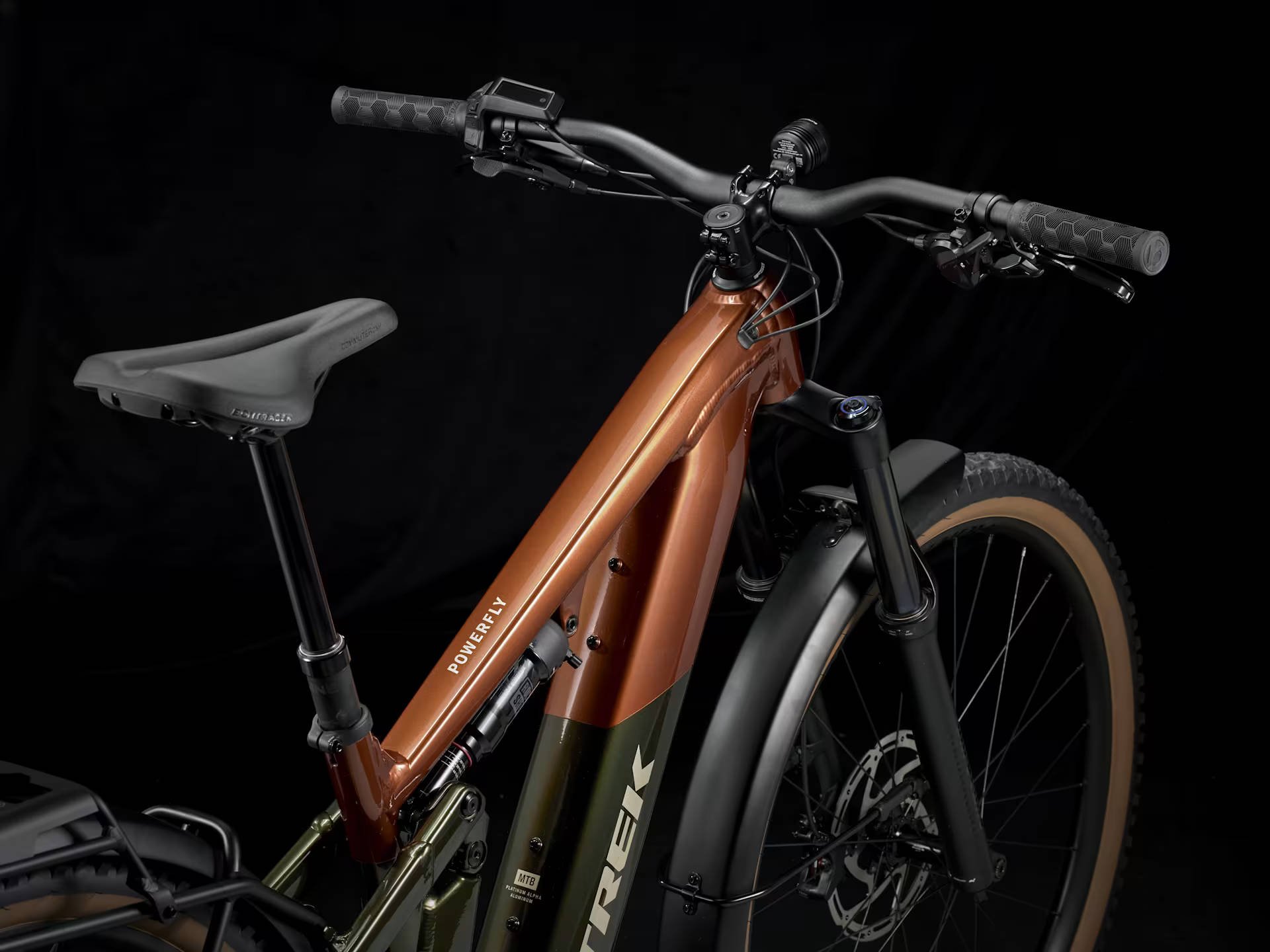 Trek Powerfly FS+ 4 Equipped Gen 4 600Wh Electric Full Suspension MTB In Pennyflake Black Olive Cockpit