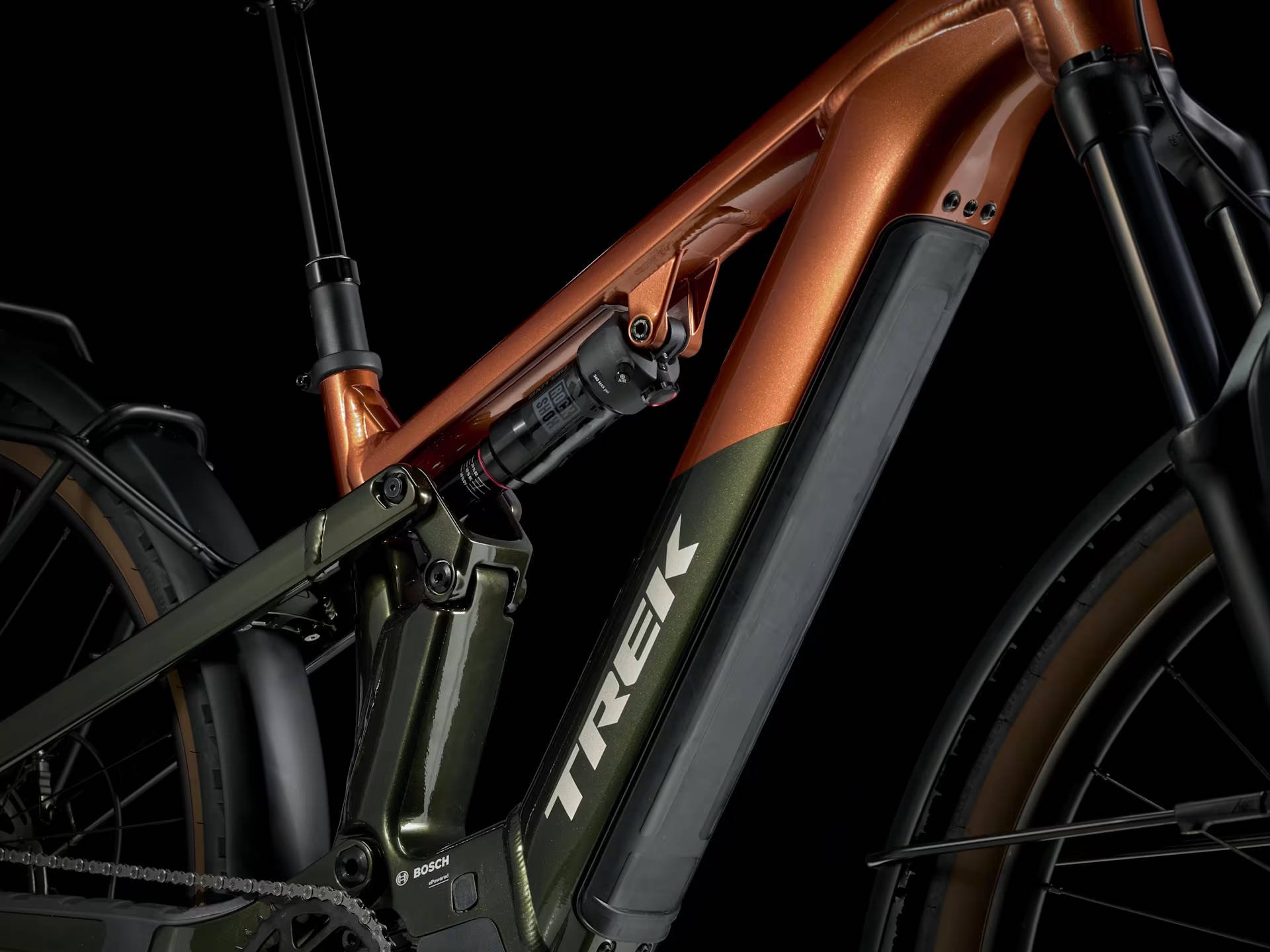 Trek Powerfly FS+ 4 Equipped Gen 4 600Wh Electric Full Suspension MTB In Pennyflake Black Olive Rear Shock