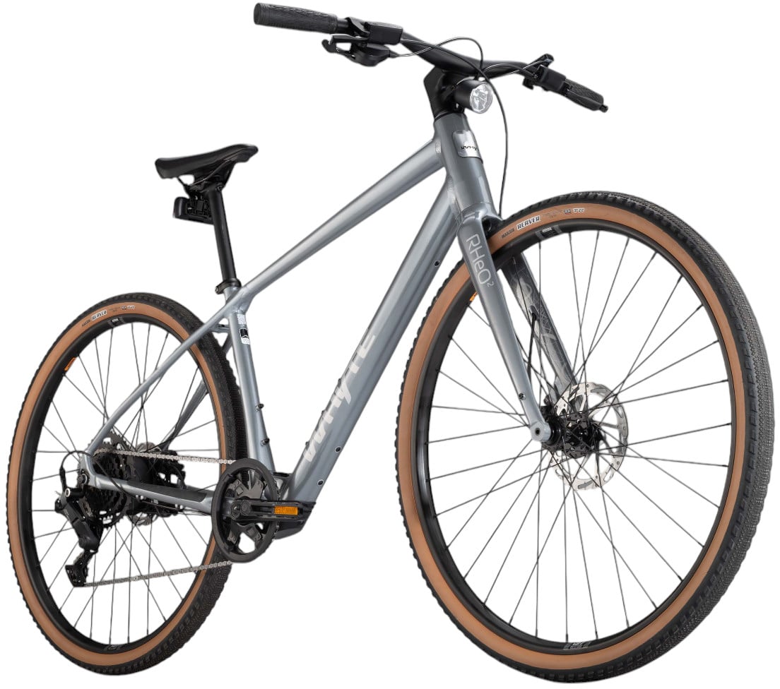 Whyte RHeO 2 V1 Electric Bike Crossbar Frame In Gloss Silver Angled Front View