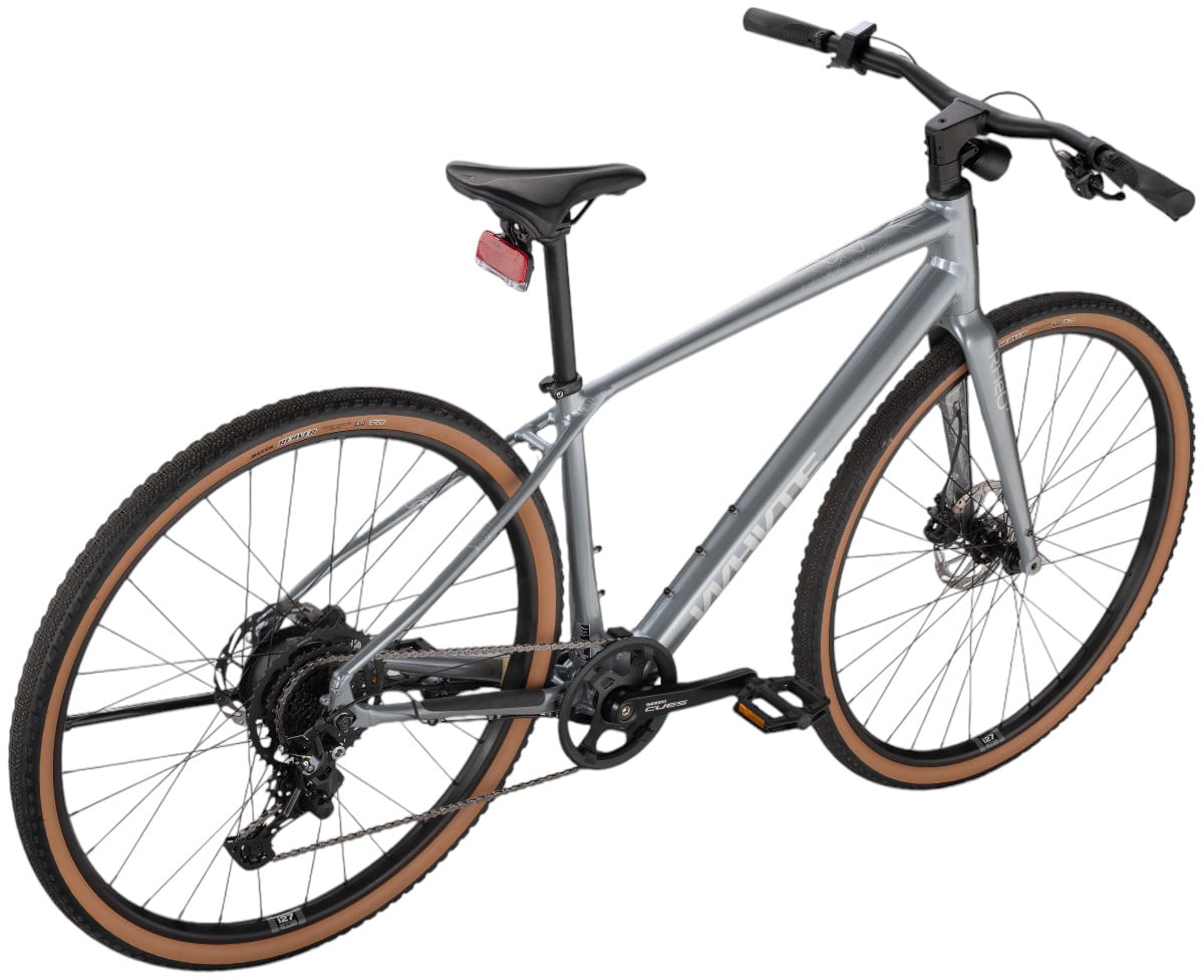 Whyte RHeO 2 V1 Electric Bike Crossbar Frame In Gloss Silver Angled Rear View