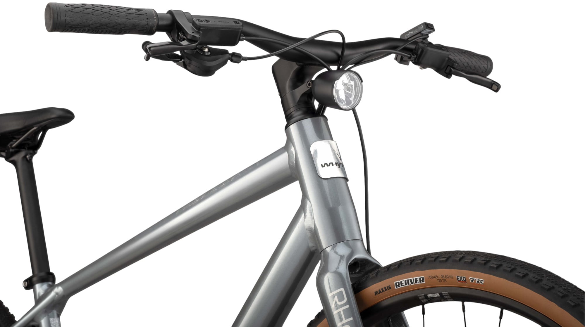 Whyte RHeO 2 V1 Electric Bike Crossbar Frame In Gloss Silver Handlebar And Headlight