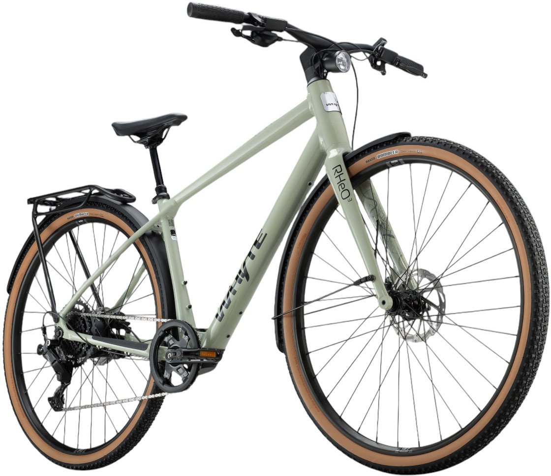 Whyte RHeO 3 V1 Electric Bike Crossbar Frame In Sage Green Angled Front View