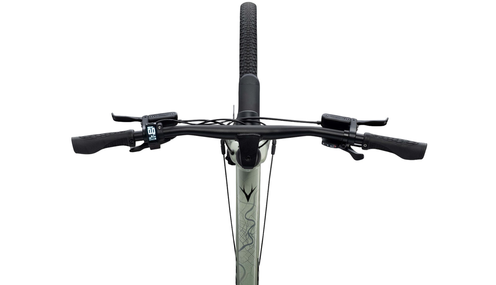 Whyte RHeO 3 V1 Electric Bike Crossbar Frame In Sage Green Cockpit Top View