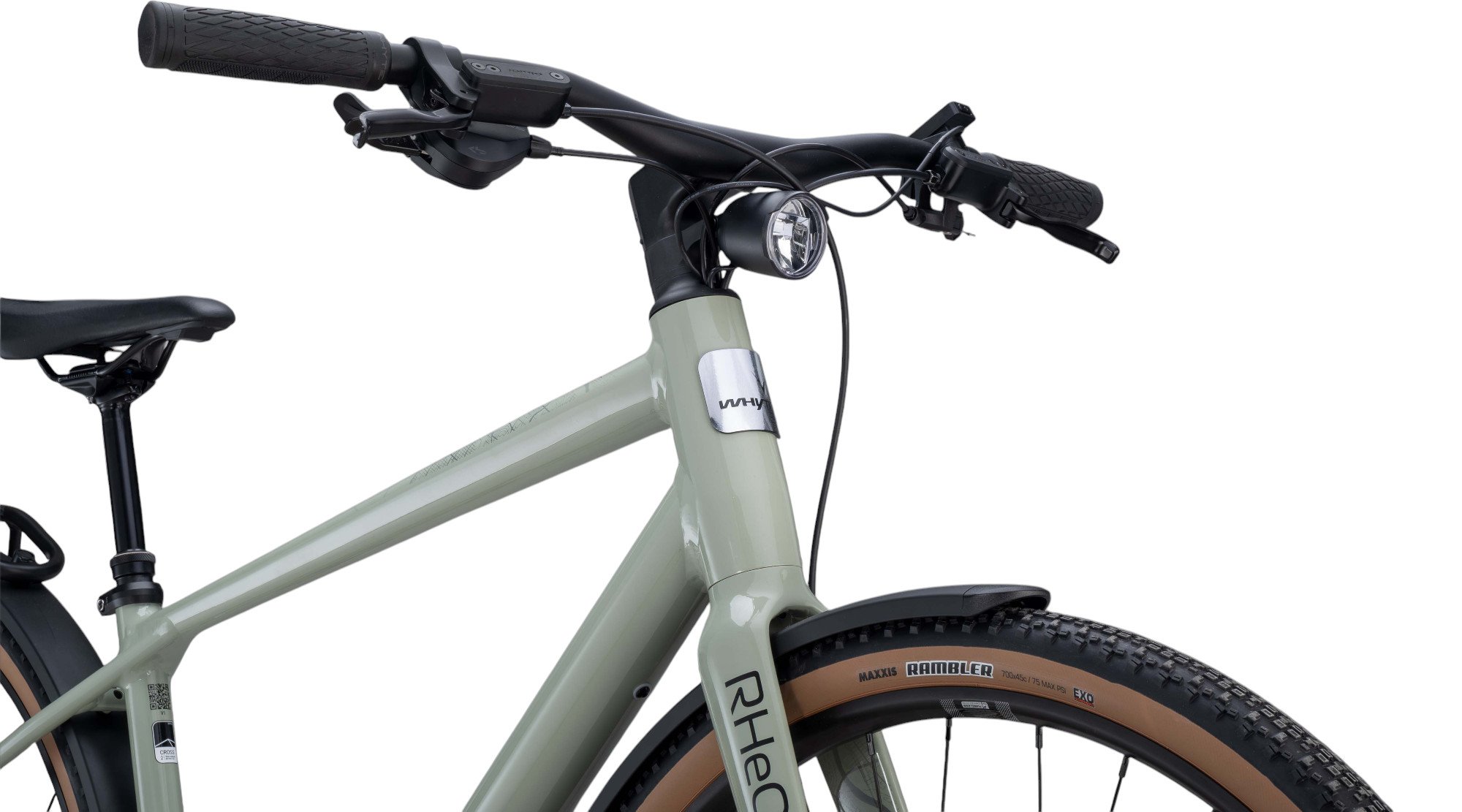 Whyte RHeO 3 V1 Electric Bike Crossbar Frame In Sage Green Headlight